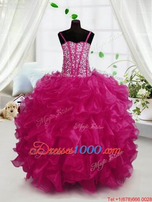 Most Popular Hot Pink Spaghetti Straps Lace Up Beading and Ruffles Little Girl Pageant Dress Sleeveless