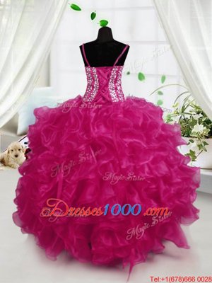 Most Popular Hot Pink Spaghetti Straps Lace Up Beading and Ruffles Little Girl Pageant Dress Sleeveless