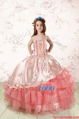 Elegant Embroidery and Ruffled Layers Pageant Gowns For Girls Baby Pink Lace Up Sleeveless Floor Length