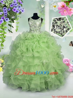 Scoop Apple Green Sleeveless Ruffles and Sequins Floor Length Girls Pageant Dresses