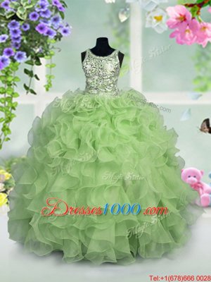 Scoop Apple Green Sleeveless Ruffles and Sequins Floor Length Girls Pageant Dresses