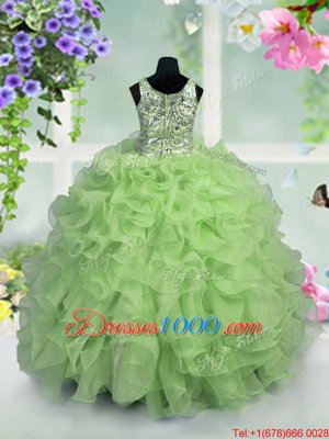 Scoop Apple Green Sleeveless Ruffles and Sequins Floor Length Girls Pageant Dresses