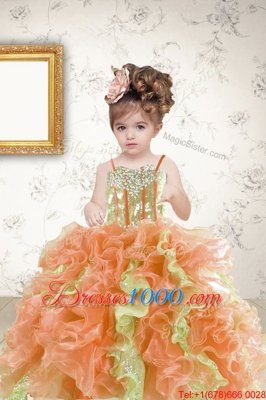 Hot Selling Spaghetti Straps Sleeveless Organza Child Pageant Dress Beading and Ruffles and Sequins Lace Up
