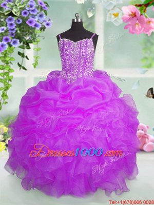 Pick Ups Spaghetti Straps Sleeveless Lace Up Girls Pageant Dresses Fuchsia Organza