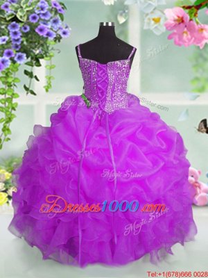 Pick Ups Spaghetti Straps Sleeveless Lace Up Girls Pageant Dresses Fuchsia Organza