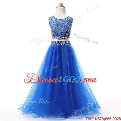 Scoop Blue Sleeveless Beading Floor Length Flower Girl Dress