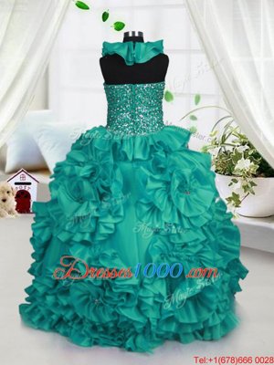 Charming Halter Top Taffeta Sleeveless Floor Length Party Dress for Girls and Beading and Ruffles