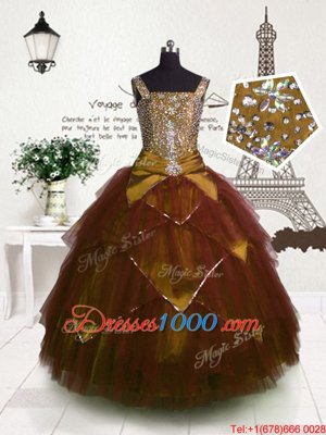 Custom Made Beading and Belt Little Girl Pageant Gowns Brown Lace Up Sleeveless Floor Length