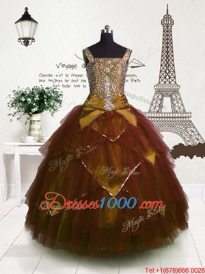 Custom Made Beading and Belt Little Girl Pageant Gowns Brown Lace Up Sleeveless Floor Length