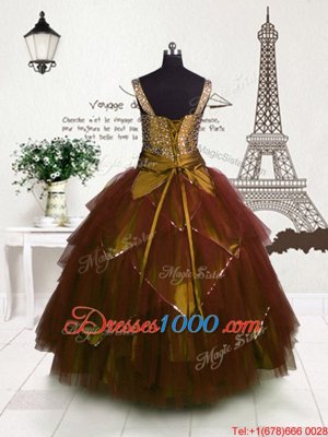 Custom Made Beading and Belt Little Girl Pageant Gowns Brown Lace Up Sleeveless Floor Length