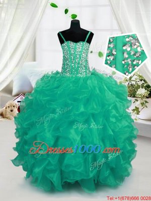 Floor Length Turquoise Little Girl Pageant Gowns Spaghetti Straps Sleeveless Lace Up
