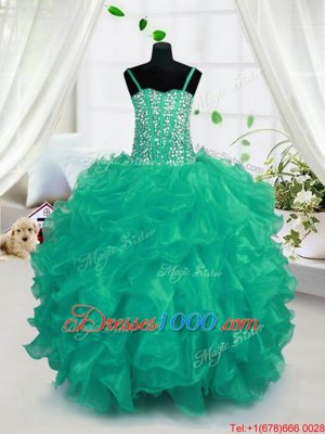 Floor Length Turquoise Little Girl Pageant Gowns Spaghetti Straps Sleeveless Lace Up