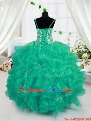 Floor Length Turquoise Little Girl Pageant Gowns Spaghetti Straps Sleeveless Lace Up