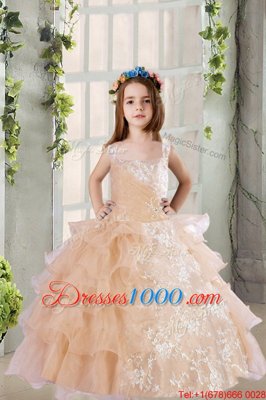 Perfect Sleeveless Organza Floor Length Zipper Little Girls Pageant Dress in Champagne for with Lace and Ruffled Layers