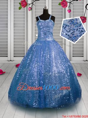 Adorable Floor Length Lace Up Teens Party Dress Baby Blue and In for Party and Wedding Party with Sequins