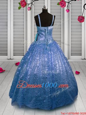 Adorable Floor Length Lace Up Teens Party Dress Baby Blue and In for Party and Wedding Party with Sequins