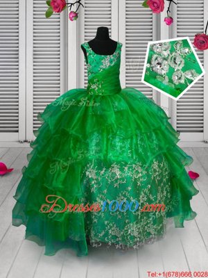 Cute Ruffled Straps Sleeveless Lace Up Little Girl Pageant Gowns Green Organza