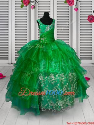 Cute Ruffled Straps Sleeveless Lace Up Little Girl Pageant Gowns Green Organza