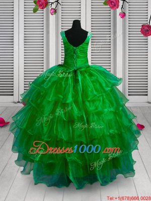 Cute Ruffled Straps Sleeveless Lace Up Little Girl Pageant Gowns Green Organza