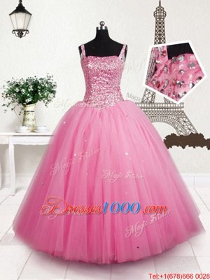 Sleeveless Organza Floor Length Lace Up Kids Formal Wear in Fuchsia for with Beading and Ruffled Layers and Hand Made Flower