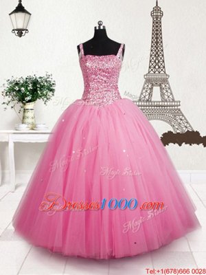 Perfect Baby Pink Ball Gowns Straps Sleeveless Tulle Floor Length Lace Up Beading and Sequins Little Girls Pageant Dress Wholesale