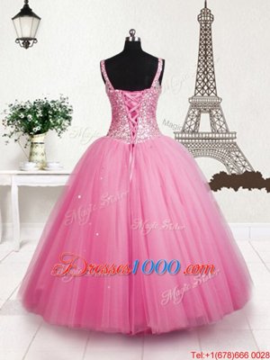 Perfect Baby Pink Ball Gowns Straps Sleeveless Tulle Floor Length Lace Up Beading and Sequins Little Girls Pageant Dress Wholesale