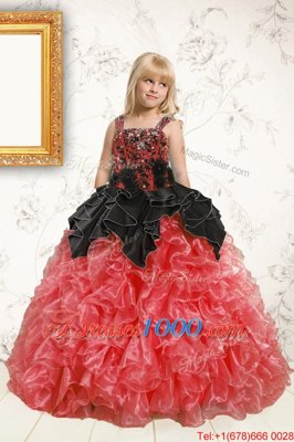 Black and Orange Lace Up Straps Beading and Ruffles Little Girls Pageant Dress Organza Sleeveless