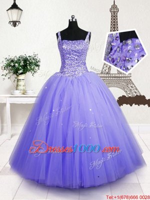 Lavender Straps Neckline Beading and Sequins Pageant Gowns For Girls Sleeveless Lace Up