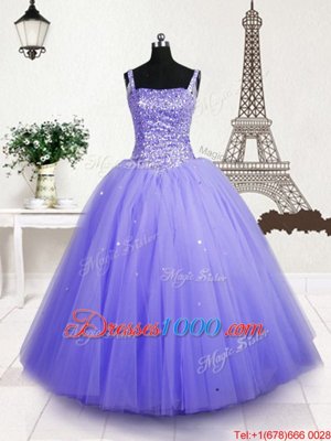 Lavender Straps Neckline Beading and Sequins Pageant Gowns For Girls Sleeveless Lace Up