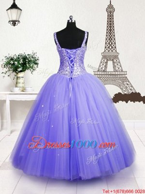 Lavender Straps Neckline Beading and Sequins Pageant Gowns For Girls Sleeveless Lace Up