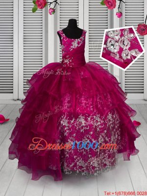 Discount Fuchsia Ball Gowns Organza Straps Sleeveless Appliques and Ruffled Layers Floor Length Lace Up Little Girls Pageant Dress