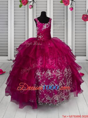 Discount Fuchsia Ball Gowns Organza Straps Sleeveless Appliques and Ruffled Layers Floor Length Lace Up Little Girls Pageant Dress