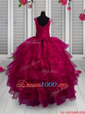 Discount Fuchsia Ball Gowns Organza Straps Sleeveless Appliques and Ruffled Layers Floor Length Lace Up Little Girls Pageant Dress