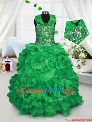 Green Ball Gowns Taffeta Halter Top Sleeveless Beading and Ruffles Floor Length Zipper Kids Pageant Dress