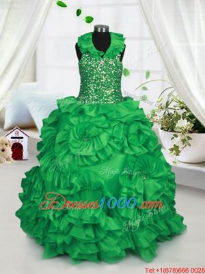 Green Ball Gowns Taffeta Halter Top Sleeveless Beading and Ruffles Floor Length Zipper Kids Pageant Dress