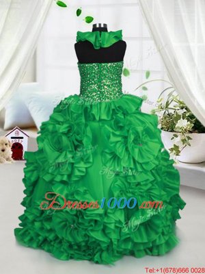 Green Ball Gowns Taffeta Halter Top Sleeveless Beading and Ruffles Floor Length Zipper Kids Pageant Dress