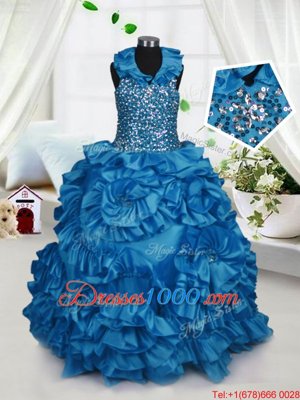 Teal Party Dress for Girls Party and Wedding Party and For with Beading and Ruffles Halter Top Sleeveless Zipper