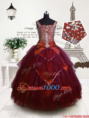 Sleeveless Lace Up Floor Length Beading and Belt Little Girls Pageant Gowns