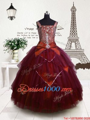 Sleeveless Lace Up Floor Length Beading and Belt Little Girls Pageant Gowns