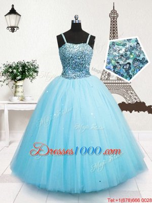 Charming Sequins Floor Length Ball Gowns Sleeveless Turquoise Kids Formal Wear Zipper