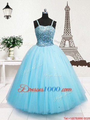 Charming Sequins Floor Length Ball Gowns Sleeveless Turquoise Kids Formal Wear Zipper