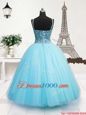 Charming Sequins Floor Length Ball Gowns Sleeveless Turquoise Kids Formal Wear Zipper