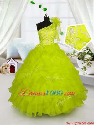 One Shoulder Yellow Green Organza Lace Up Child Pageant Dress Sleeveless Floor Length Embroidery and Ruffles