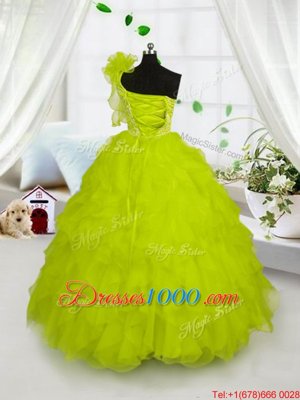 One Shoulder Yellow Green Organza Lace Up Child Pageant Dress Sleeveless Floor Length Embroidery and Ruffles