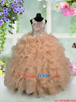 Sequins Floor Length Pink Little Girls Pageant Gowns Scoop Sleeveless Zipper