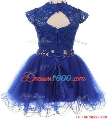 Navy Blue Flower Girl Dress Party and Wedding Party and For with Beading and Lace Scoop Cap Sleeves Zipper