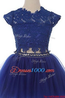 Navy Blue Flower Girl Dress Party and Wedding Party and For with Beading and Lace Scoop Cap Sleeves Zipper