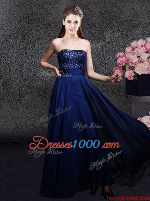 Sleeveless Floor Length Sequins Zipper Evening Dress with Navy Blue