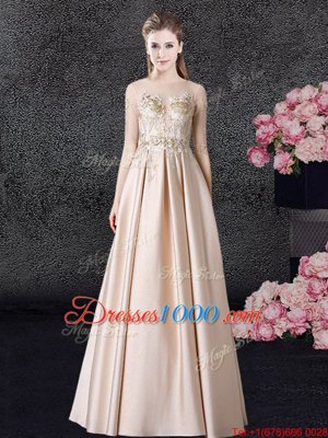 Superior Scoop Appliques Junior Homecoming Dress Champagne Zipper Half Sleeves Floor Length