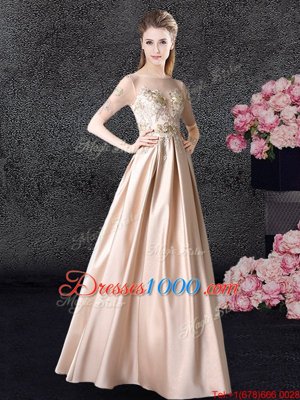 Superior Scoop Appliques Junior Homecoming Dress Champagne Zipper Half Sleeves Floor Length
